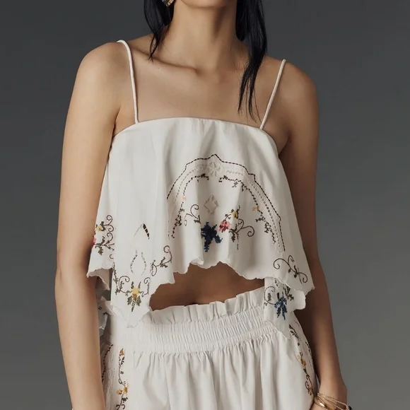 Anthropologie Hanky Crop Cutwork Tank Colorful Embroidery White SIZE XL NEW - Picture 4 of 10